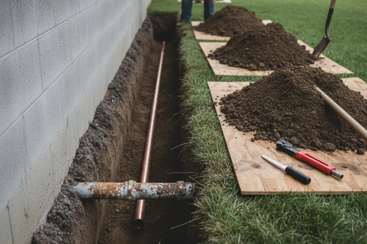 Excavated water line trench during Water Softener Installation in Duenweg